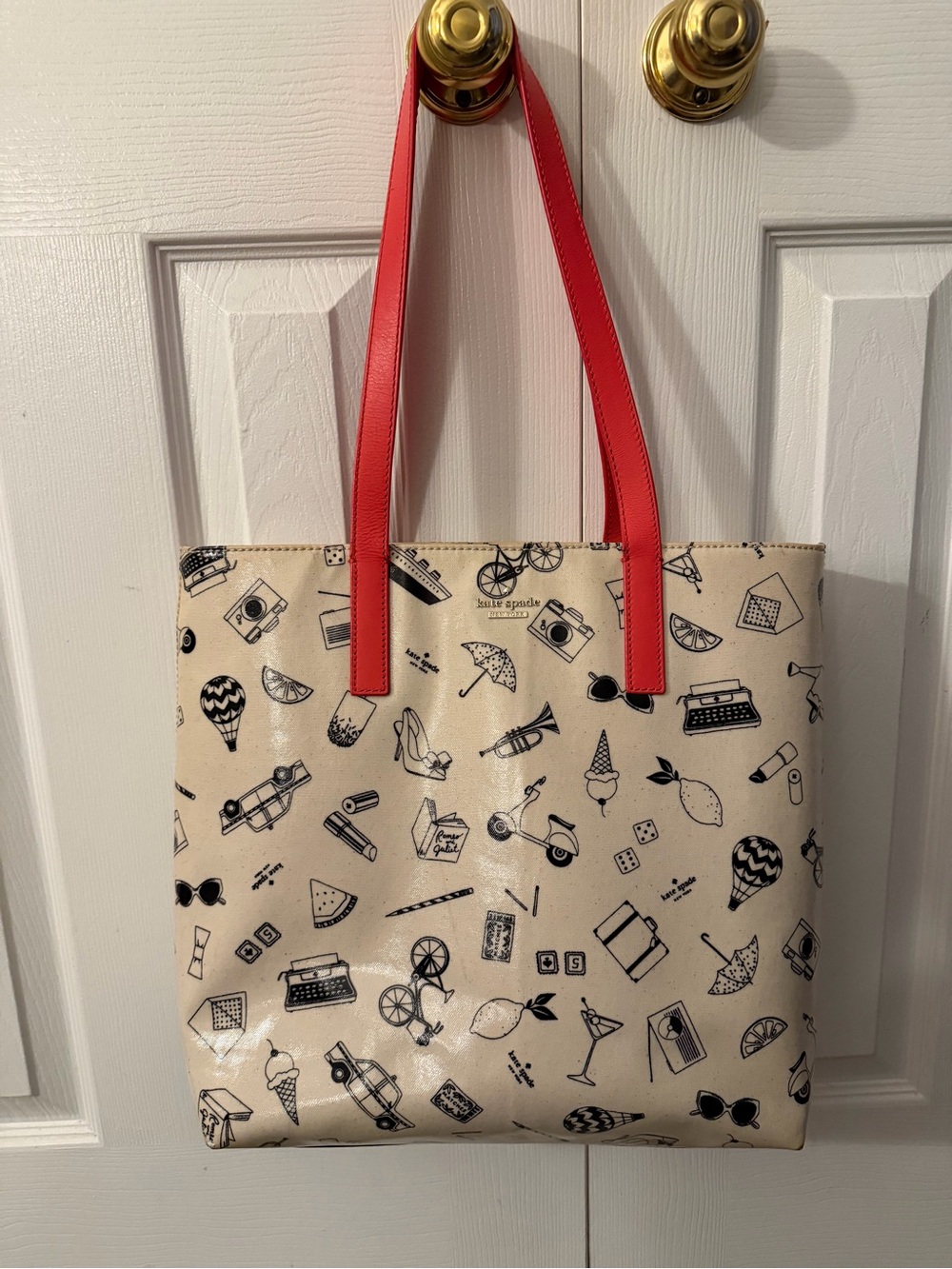 kate spade Cream Patterned Tote with Red Handles